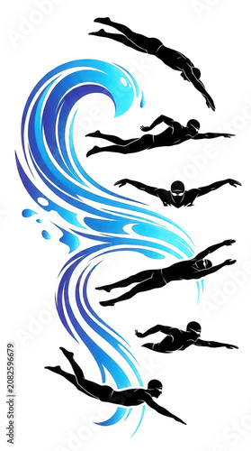 Freestyle Swimming Logo - Blue Silhouette of Swimmer on Water Waves - butterfly style