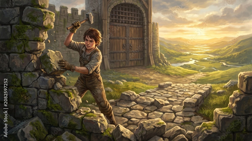 Fototapeta premium Young historical worker breaking stones with a hammer to build a castle wall at sunset