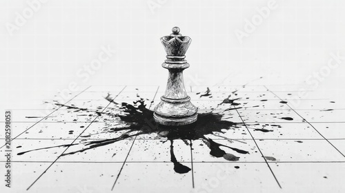 Chess Queen on a Checkered Board with Ink Splatter