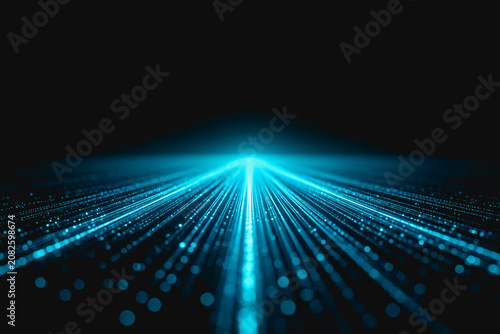 A futuristic abstract scene with glowing blue light streaks and particles leading toward a bright focal point, representing digital technology and data flow.