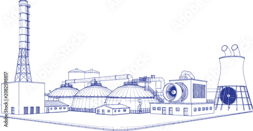 Bild auf Leinwand Factory Generating Bioenergy with Biomethane Plant Vector Black Line Art | Rene