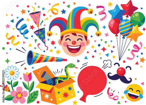 April Fools Day Flat Illustration Set with Jester, Pranks, and Confetti