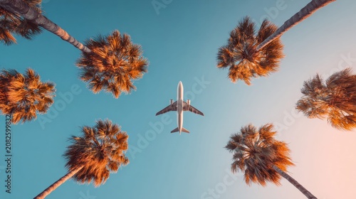 Tropical getaway with plane soaring over palm trees