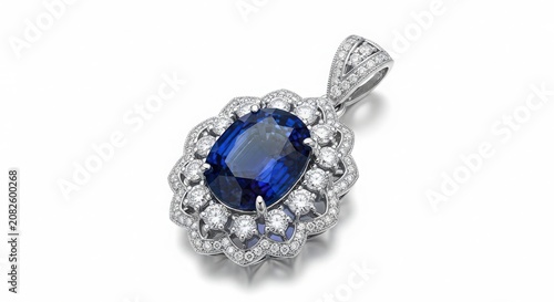 Sapphire and diamond oval pendant necklace with sapphire necklace gemstone accessory precious brilliant expensive isolated background anniversary engagement heirloom ornament