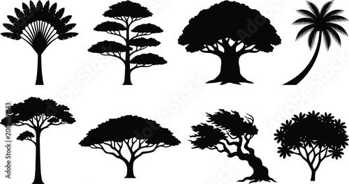 Canvas Print Black vector silhouettes of diverse tree shapes including palm, rounded, tiered,