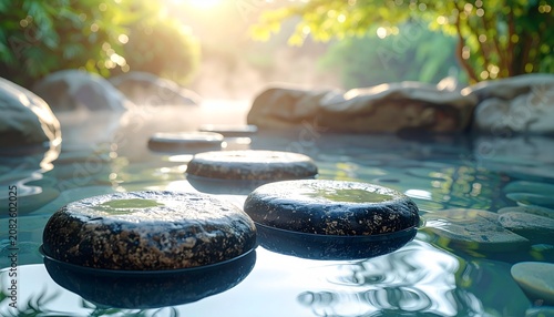 Japanese Hot Spring Stones with Gentle Water Surface and Morning Light