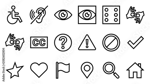 A diverse set of black line icons depicting accessibility features, user interface elements, and common actions for inclusive digital design and web navigation.