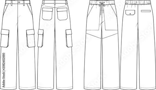 Photos Detailed black vector fashion technical sketches of cargo pants and casual draws