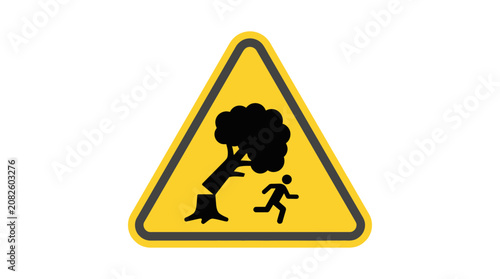 A yellow triangular warning sign depicting a falling tree and a running person.