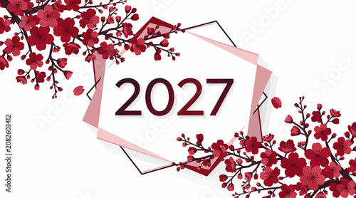 2027 year with red flowers and geometric shapes
