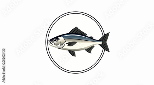 A stylized fish illustration within a minimalist circular frame on a plain background