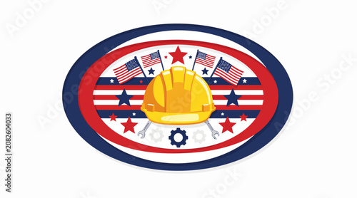 American worker logo, hard hat and tools with USA flags