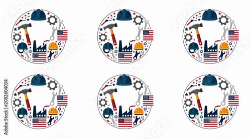 American worker icons, construction symbols, industrial badges