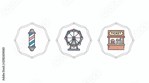 Amusement Park & Barber Pole Icons: Ferris Wheel, Ticket Booth, Barber Pole