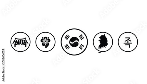 South Korea national culture icons set featuring a traditional hanok roof, hibiscus flower, flag, map, and hangul.