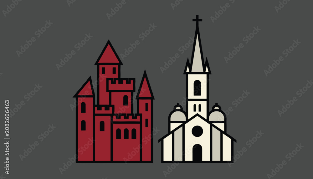 Fototapeta premium Red medieval castle and cream colored church side by side in a clean vector illustration against a dark gray background.
