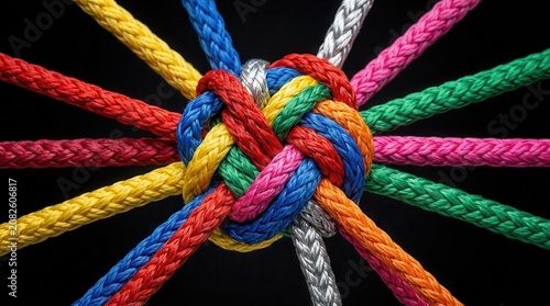 Diverse colorful ropes tied in a knot representing integrated collaboration and collective effort.