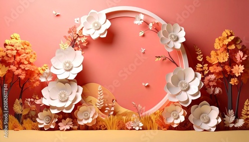 Paper Flower Arrangement: Delicate and intricate paper flowers in soft hues of white and peach create a stunning floral display against a warm coral background. beauty branch