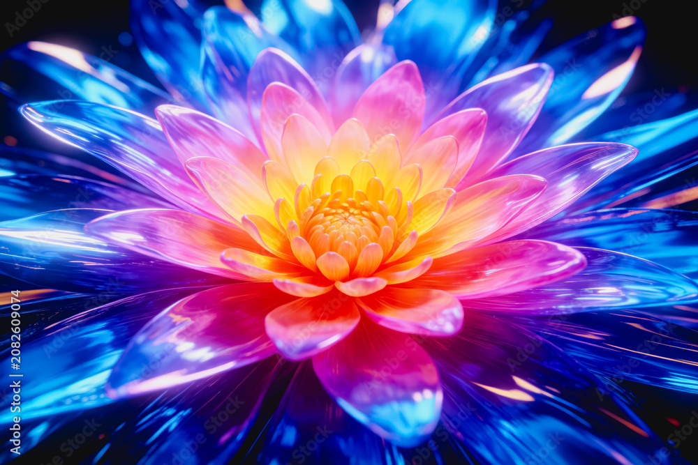 Obraz premium A close-up view of a glowing lotus flower with glossy translucent petals in vibrant gradient colors, creating an ethereal artistic visual effect.