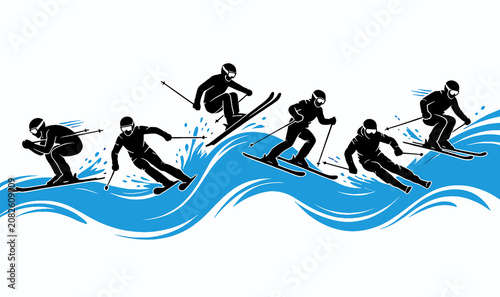 mountain skier silhouettes. Woman doing ice skating, skiing, snowboarding, girl on sledge,