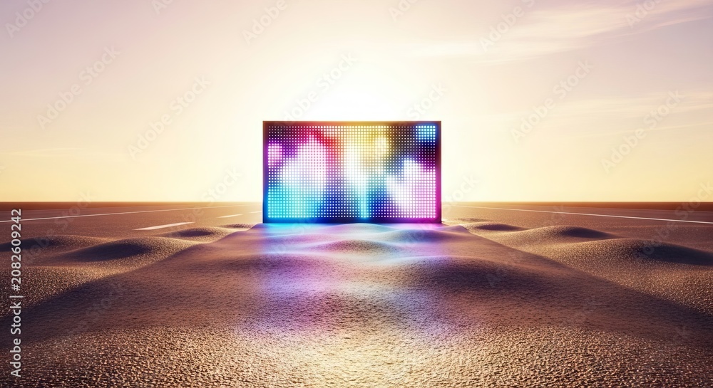 Fototapeta premium Glowing electronic display panel illuminates a shimmering asphalt highway during a severe heatwave, set against a bright sun-drenched sky, road, panel, transportation