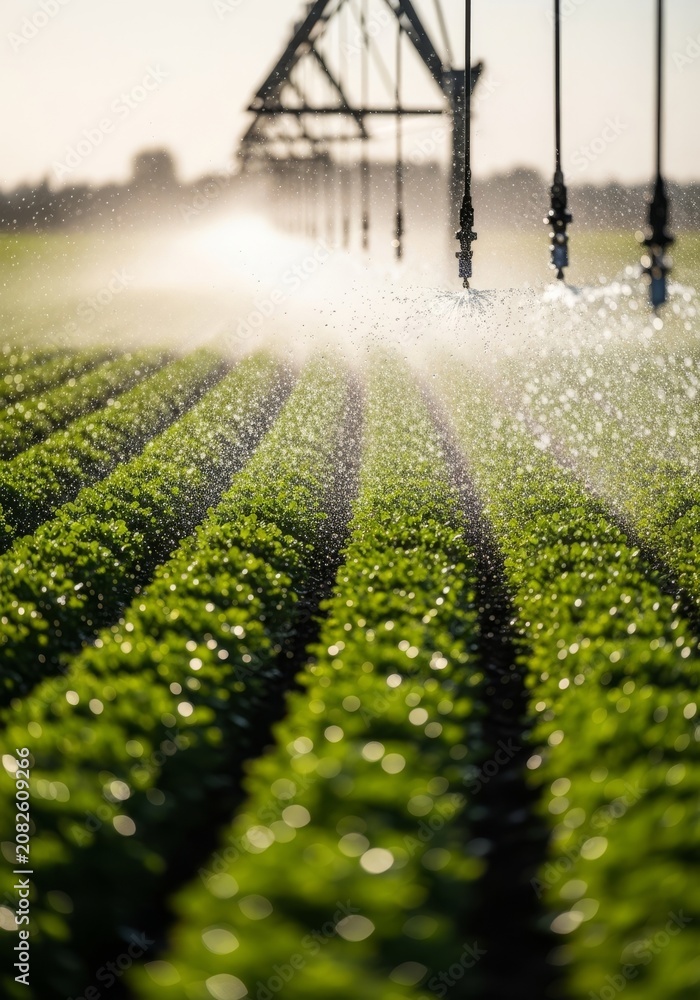 Naklejka premium Modern automated irrigation nozzles spray fresh water over rows of green crops under a bright, hazy sun during a harsh summer heatwave, precision, sustainability, harvest