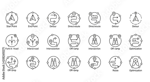 Road navigation and route optimization line icons for smart transit systems.