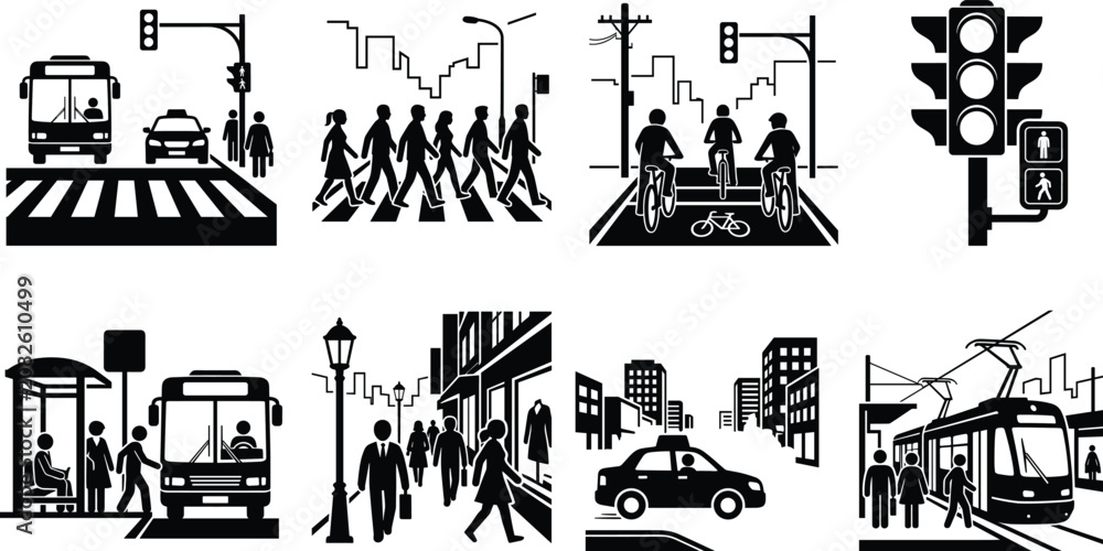 Obraz premium City transport and urban traffic vector icon set featuring pedestrians crosswalks buses taxis and commuter street traffic