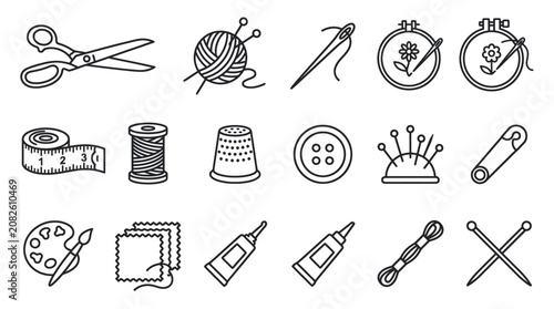 Konstfotografi Sewing and handicraft tools collection black outline icons.
