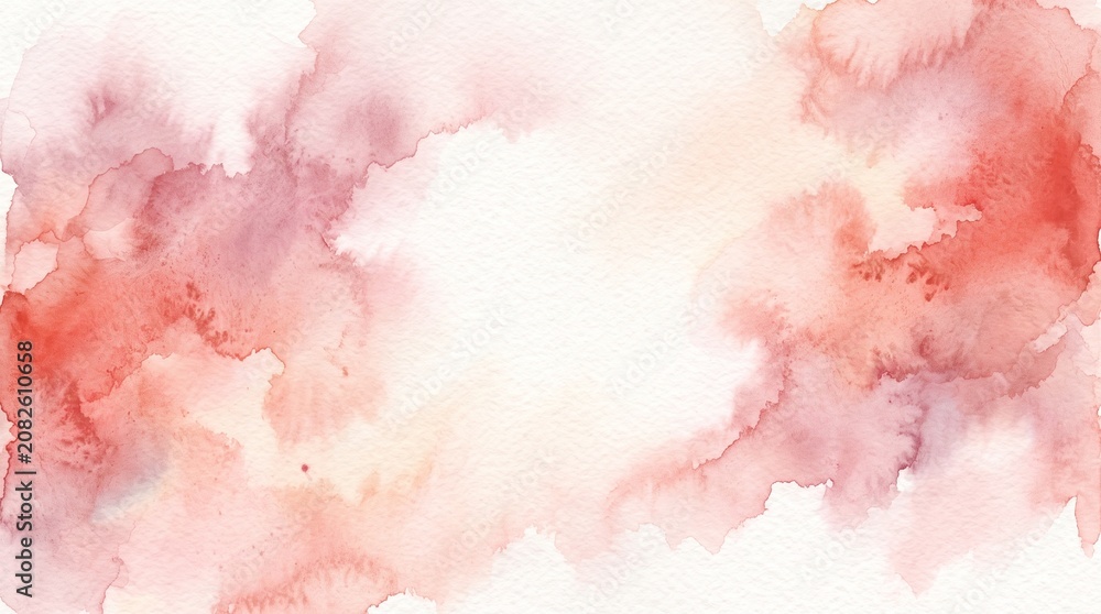 Fototapeta premium An elegant abstract watercolor background composition featuring beautiful textures of soft coral pink, peach, and mauve washes framing a clean white space in the center.