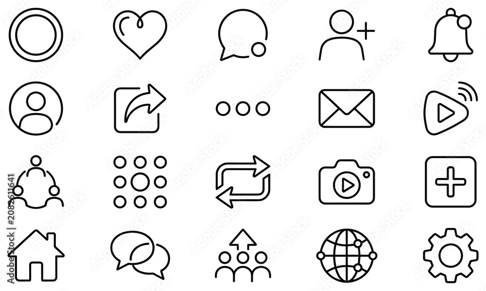 Fototapeta premium Social media interface linear icons set for mobile apps and website navigation