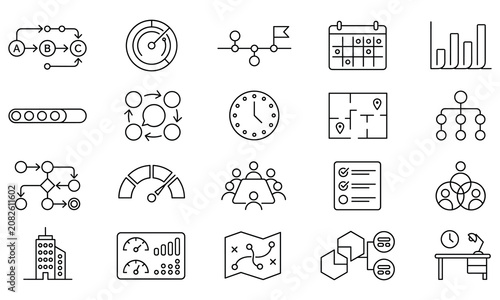 Set of business and strategy line icons on white background