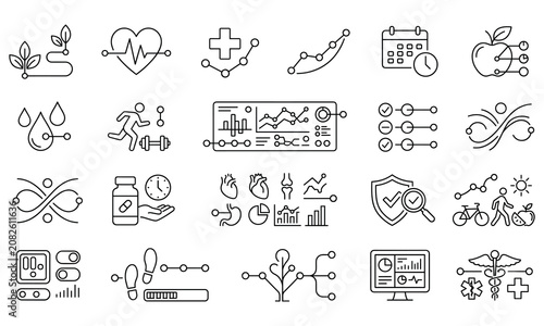 Set of medical and healthcare outline icons representing diagnostics and health