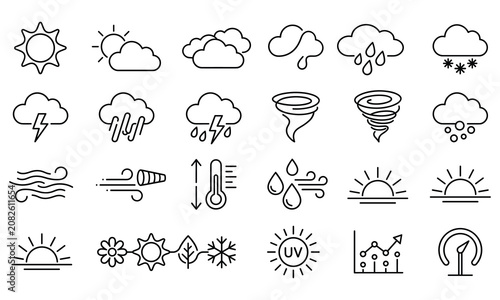 Weather forecast and meteorological climate conditions line icon design element set