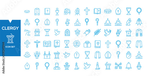 Foto Clergy Icon Set: A comprehensive collection of line icons representing various symbols and elements associated with clergy and religious services, including churches, crosses, books