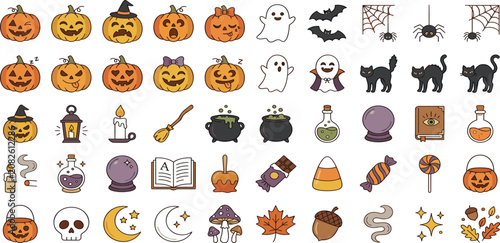 Fotografía Cute Halloween icons collection with spooky pumpkins ghosts cats skulls cauldrons candy and autumn vector elements