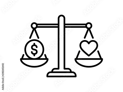 Balance scale with money and heart icons