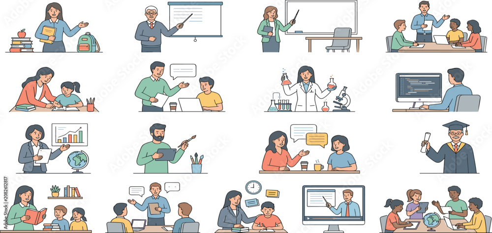Fototapeta premium School education learning scenes bundle with teachers mentoring students and classroom academic activities vector illustration.