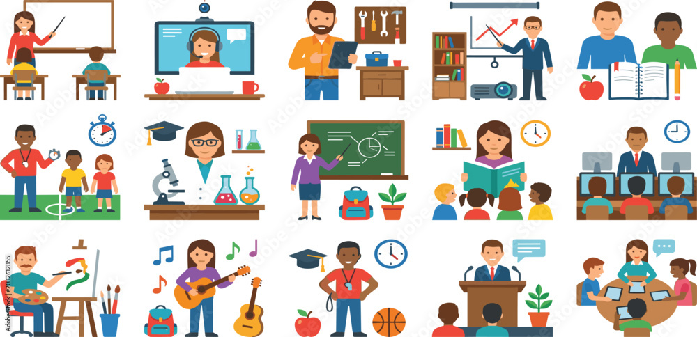 Fototapeta premium School education flat icon bundle with classroom learning teaching activities graduation and sports vector illustration.