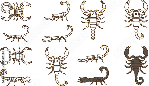 Bilde på lerret Scorpion Line Art Icon Set with Desert Arachnids, Venomous Arthropods, Detailed
