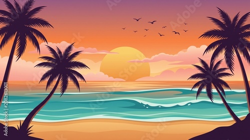 A vibrant tropical beach scene unfolds at sunset, with silhouetted palm trees framing the horizon as gentle waves lap the sandy shore under a sky painted with hues of orange, pink, and purple.