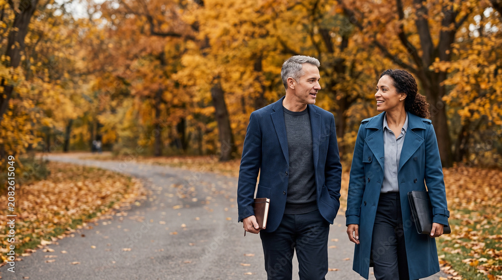 Obraz premium Two adults walking and talking in autumn park
