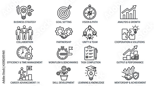 Foto Career advancement and skill development line icons.