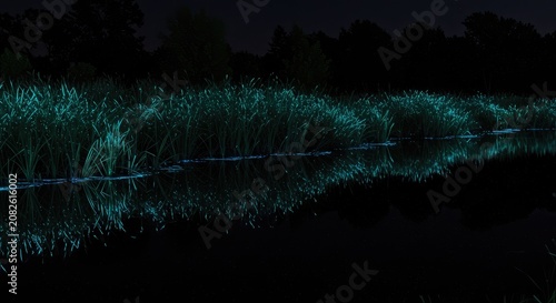 Glowing plankton illuminate a serene river at night surrounded by tall grass and trees.