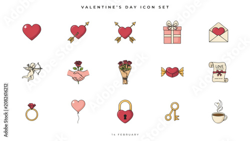 Set of twelve cute love and wedding icons with hearts flowers and rings Vector