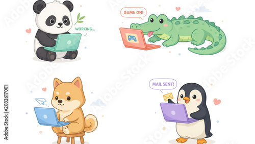 Set of six cute cartoon animals standing together in a group Vector