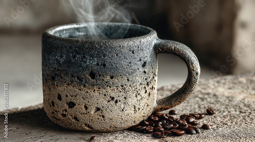Rustic Coffee Mug with Steam Rising Above, Surrounded by Coffee Beans on a Textured Surface for Cozy Morning Vibes, Perfect for Beverage and Food Themes