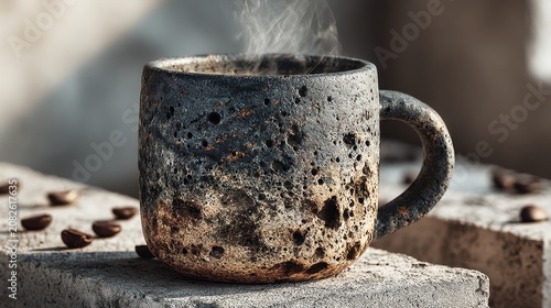 Rustic ceramic mug with steam rising, placed on textured surface surrounded by coffee beans, creating a cozy and inviting coffee moment