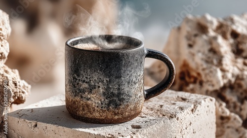 Steam Rising from a Rustic Coffee Mug on a Stone Surface with Natural Scenery in the Background, Capturing Warmth and Comfort in Nature