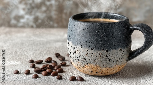 Warm Coffee Mug with Steam and Roasted Beans on Neutral Surface, Perfect for Morning Routine and Cozy Atmosphere in Kitchen or Cafe Setting